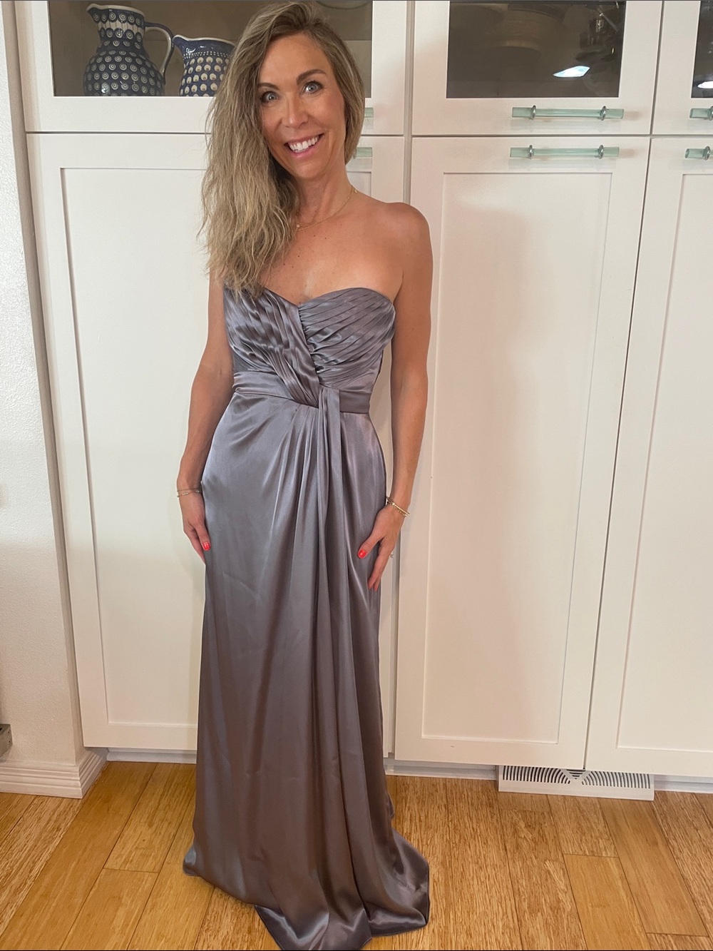 Bari Jay Strapless Satin Gown in Silver